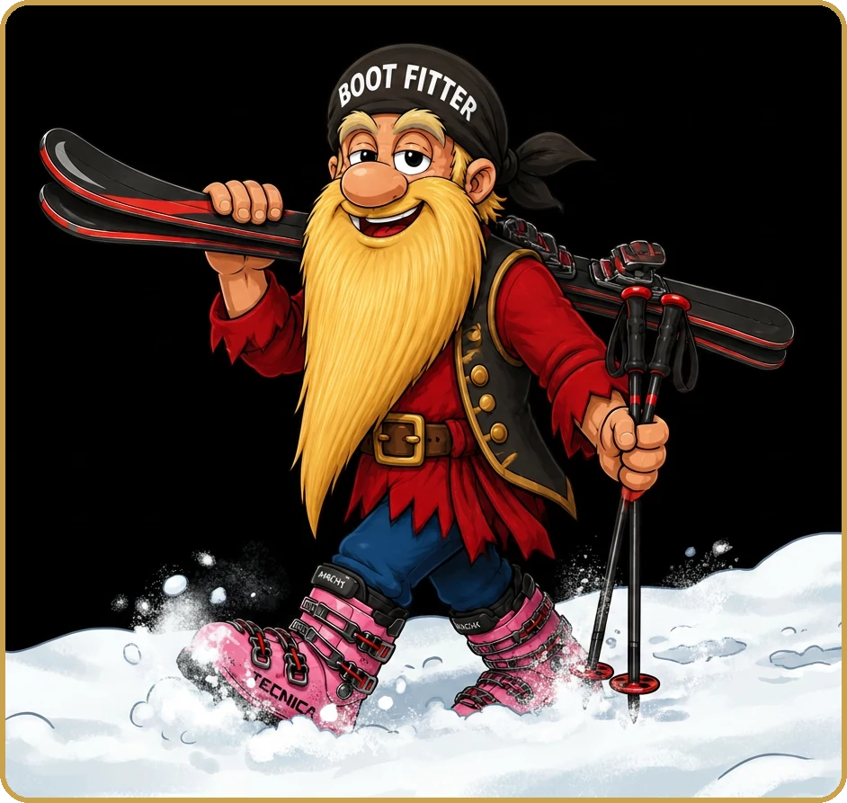 Cartoon Boot Fitter mascot carrying skis and ski poles, wearing pink ski boots